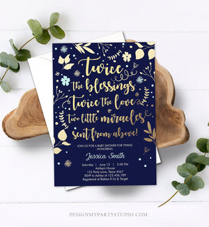 Editable Twin Baby Shower Invitation Twin Boys Navy Blue Gold Blessings Rustic Modern Floral Twin Invitation Template Download Corjl 0285