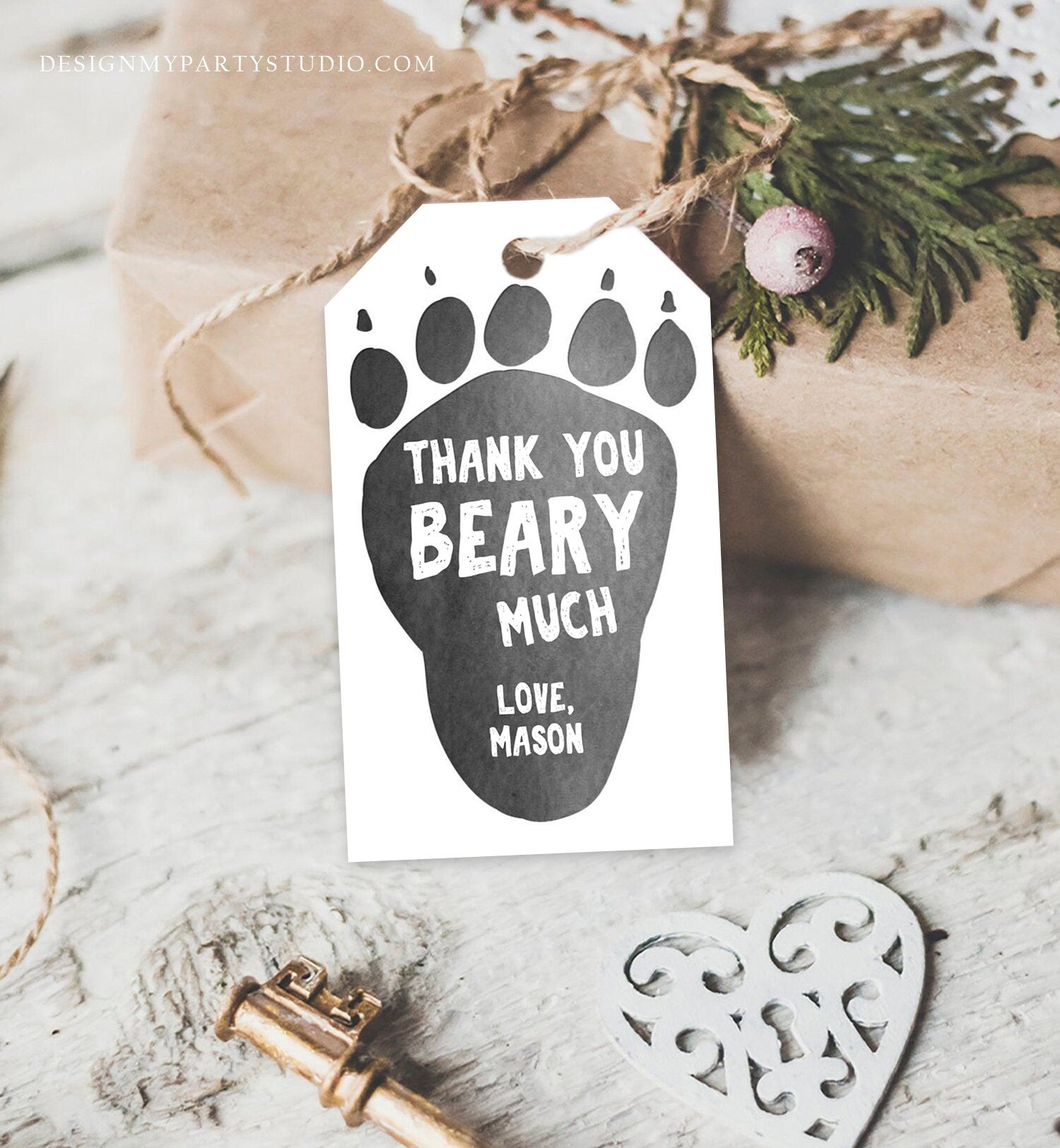 Editable Bear Paw Tags Lumberjack Favor Tags Thank you Beary Much Label Woodland Birthday Bear Cub Tags Template PRINTABLE Corjl 0377
