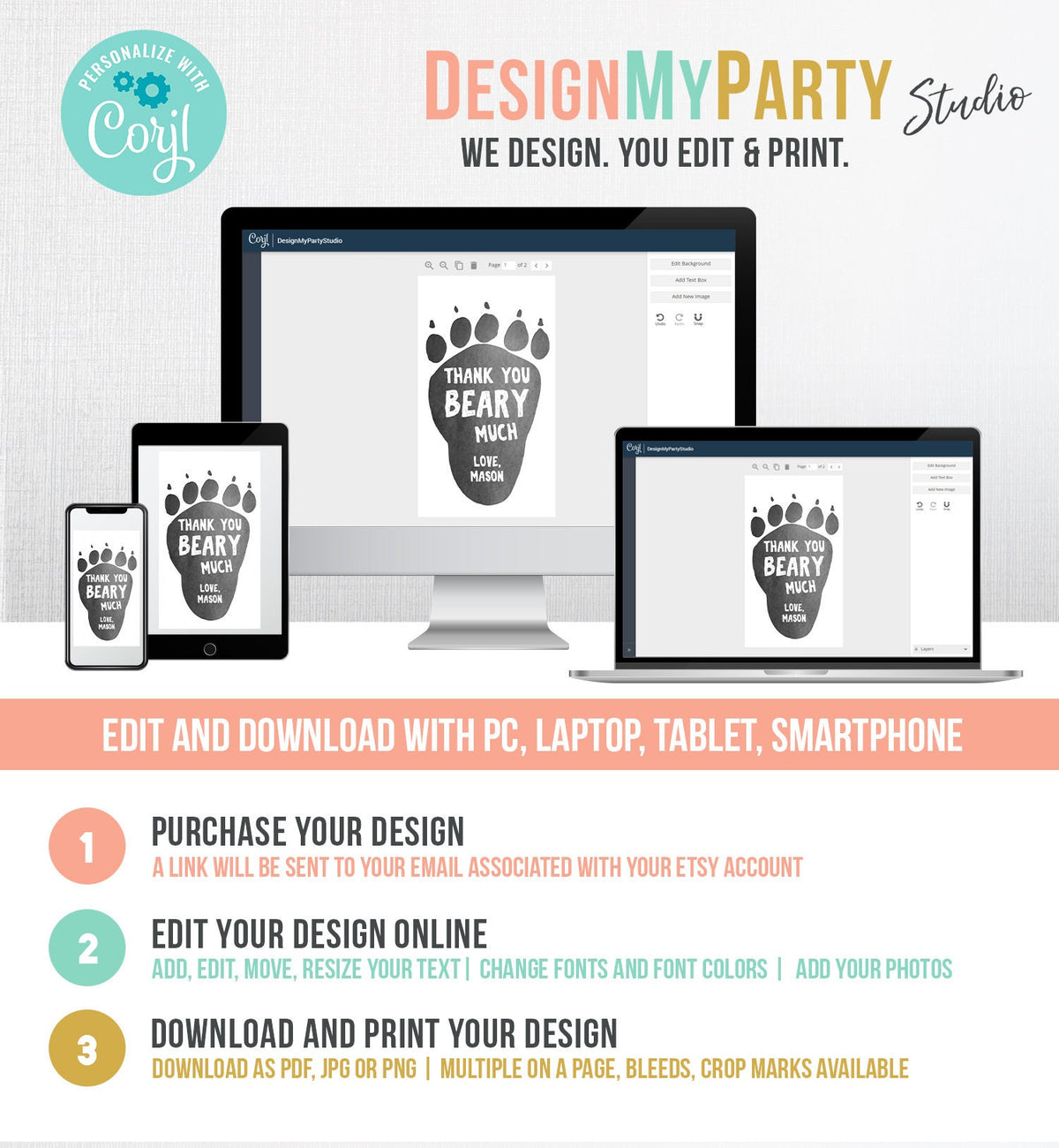 Editable Bear Paw Tags Lumberjack Favor Tags Thank you Beary Much Label Woodland Birthday Bear Cub Tags Template PRINTABLE Corjl 0377