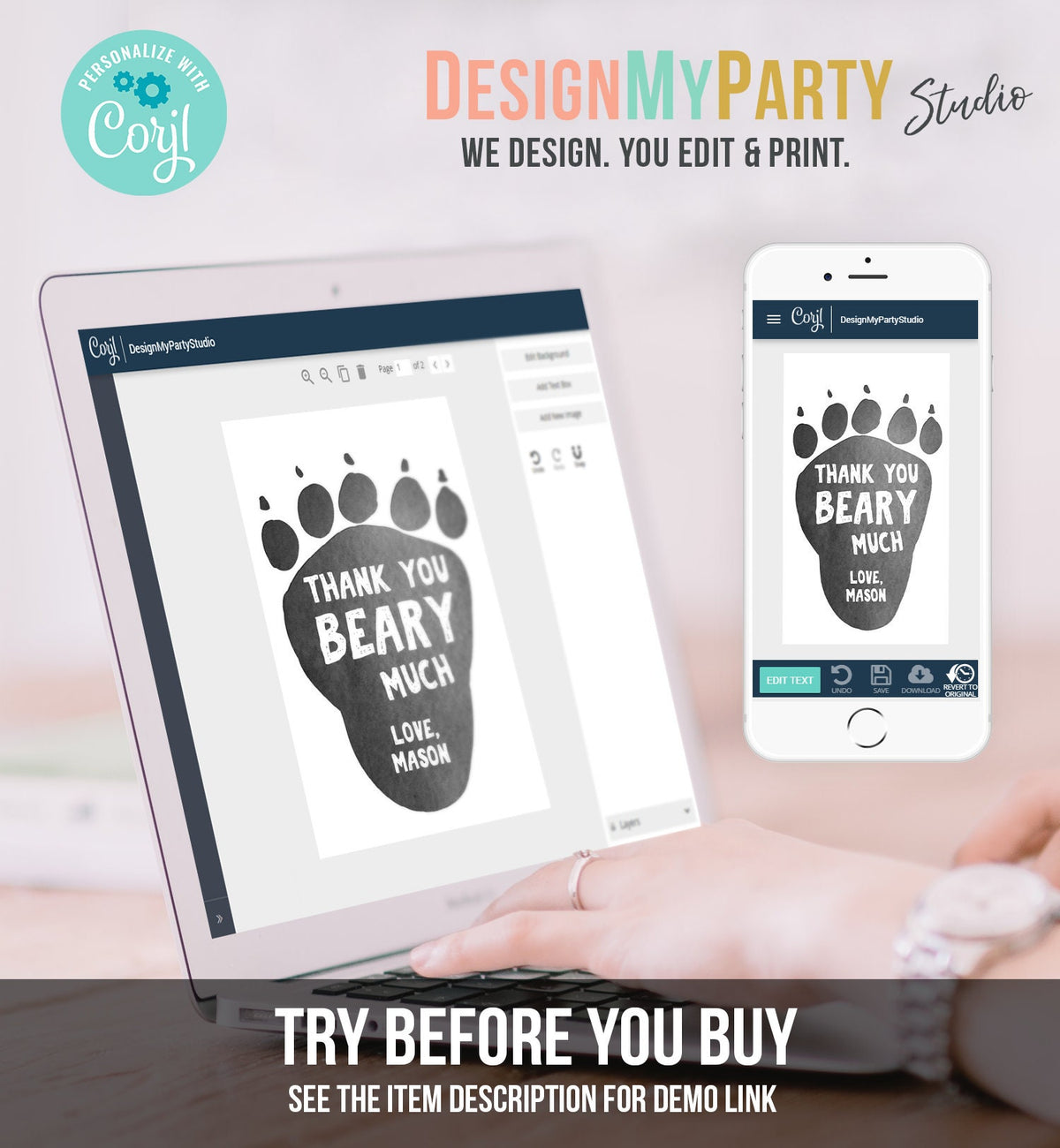 Editable Bear Paw Tags Lumberjack Favor Tags Thank you Beary Much Label Woodland Birthday Bear Cub Tags Template PRINTABLE Corjl 0377