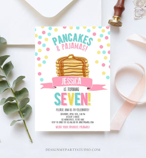 Editable Pancakes and Pajamas Invitation Pancake Pajamas Birthday Party Girl Pink Slumber Party Printable Template Corjl Digital 0286