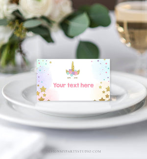 Editable Unicorn Food Labels Magical Rainbow Pink Gold Stars Place Card Tent Card Escort Card Girl Birthday Girl Digital Corjl Template 0041