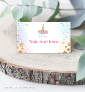 Editable Unicorn Food Labels Magical Rainbow Pink Gold Stars Place Card Tent Card Escort Card Girl Birthday Girl Digital Corjl Template 0041