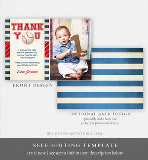 Editable Baseball Thank You Card Birthday Boy Little Slugger Rookie of The Year First 1st Batter Up Download Template Digital Corjl 0069
