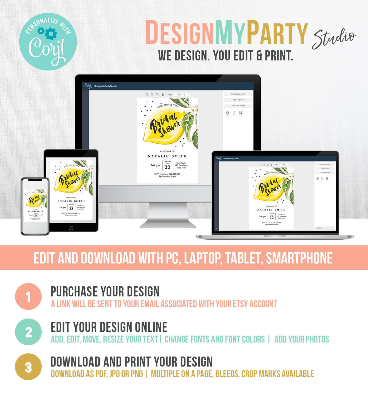 Editable Lemon Bridal Shower Invitation Bohemian Citrus Rustic Greenery Summer Wedding Lemonade Download Evite Template Printable 0307