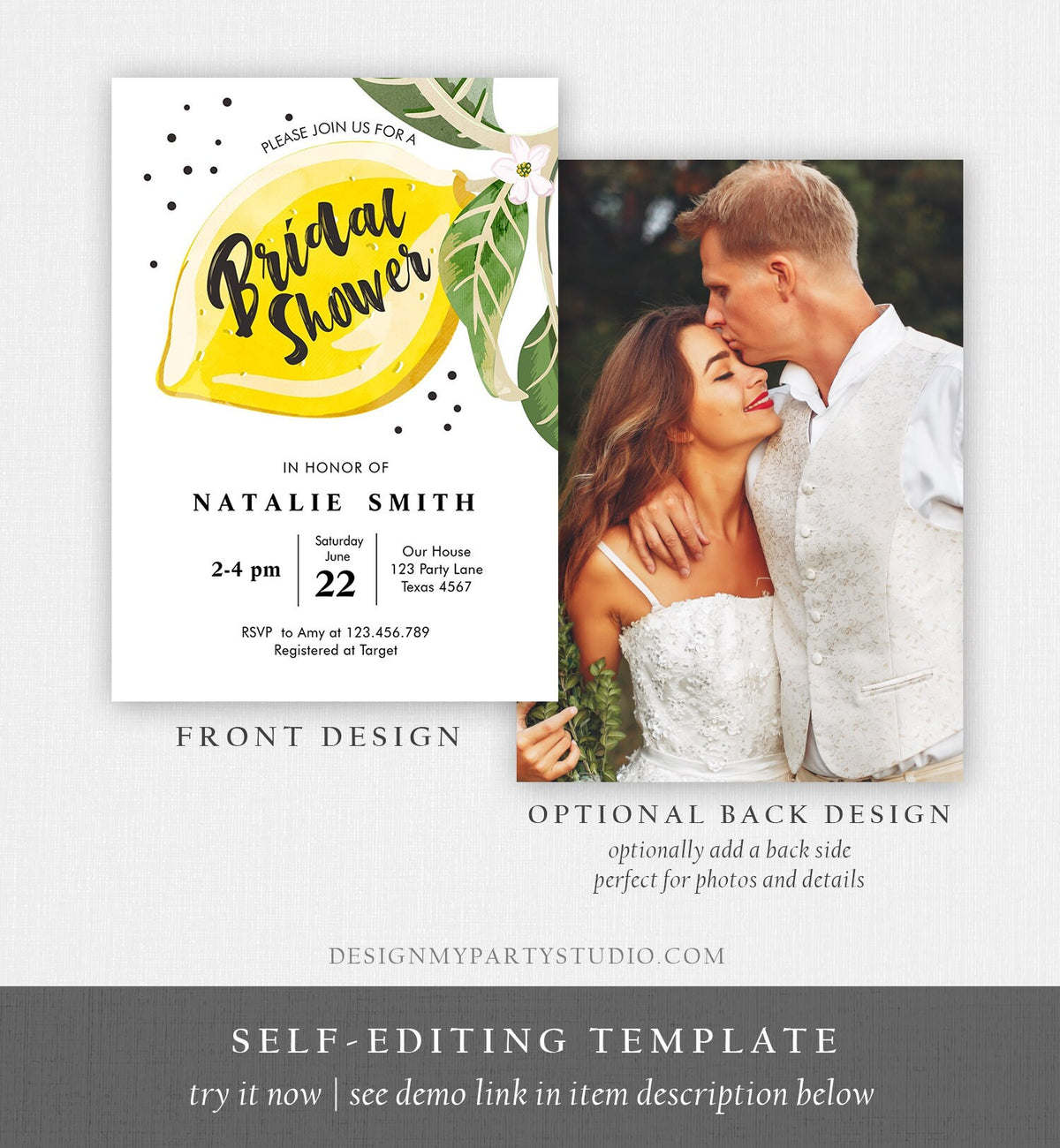 Editable Lemon Bridal Shower Invitation Bohemian Citrus Rustic Greenery Summer Wedding Lemonade Download Evite Template Printable 0307