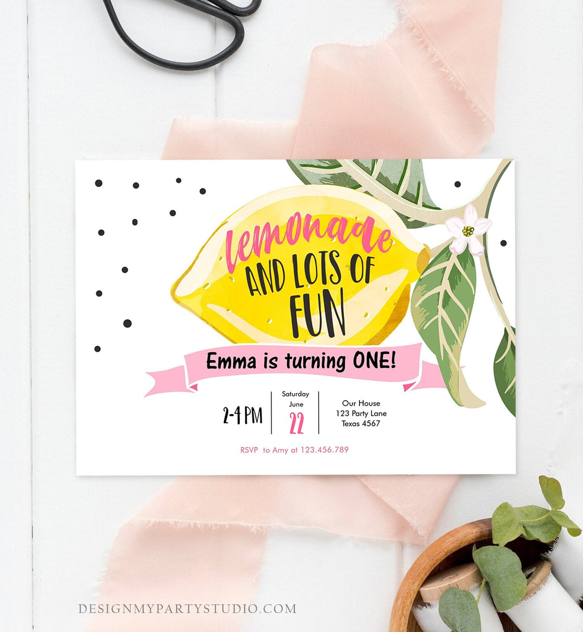 Editable Lemon Birthday Invitation Sunshine Lemonade and Fun Girl First Birthday Party Pink Sweet 1st Citrus Corjl Template Printable 0307