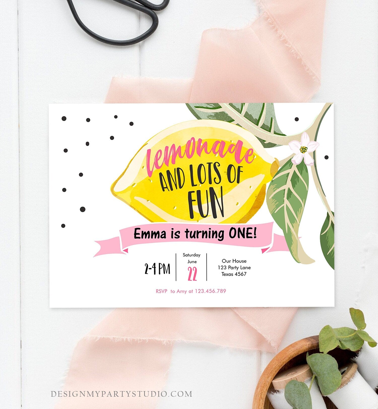 Editable Lemon Birthday Invitation Sunshine Lemonade and Fun Girl First Birthday Party Pink Sweet 1st Citrus Corjl Template Printable 0307