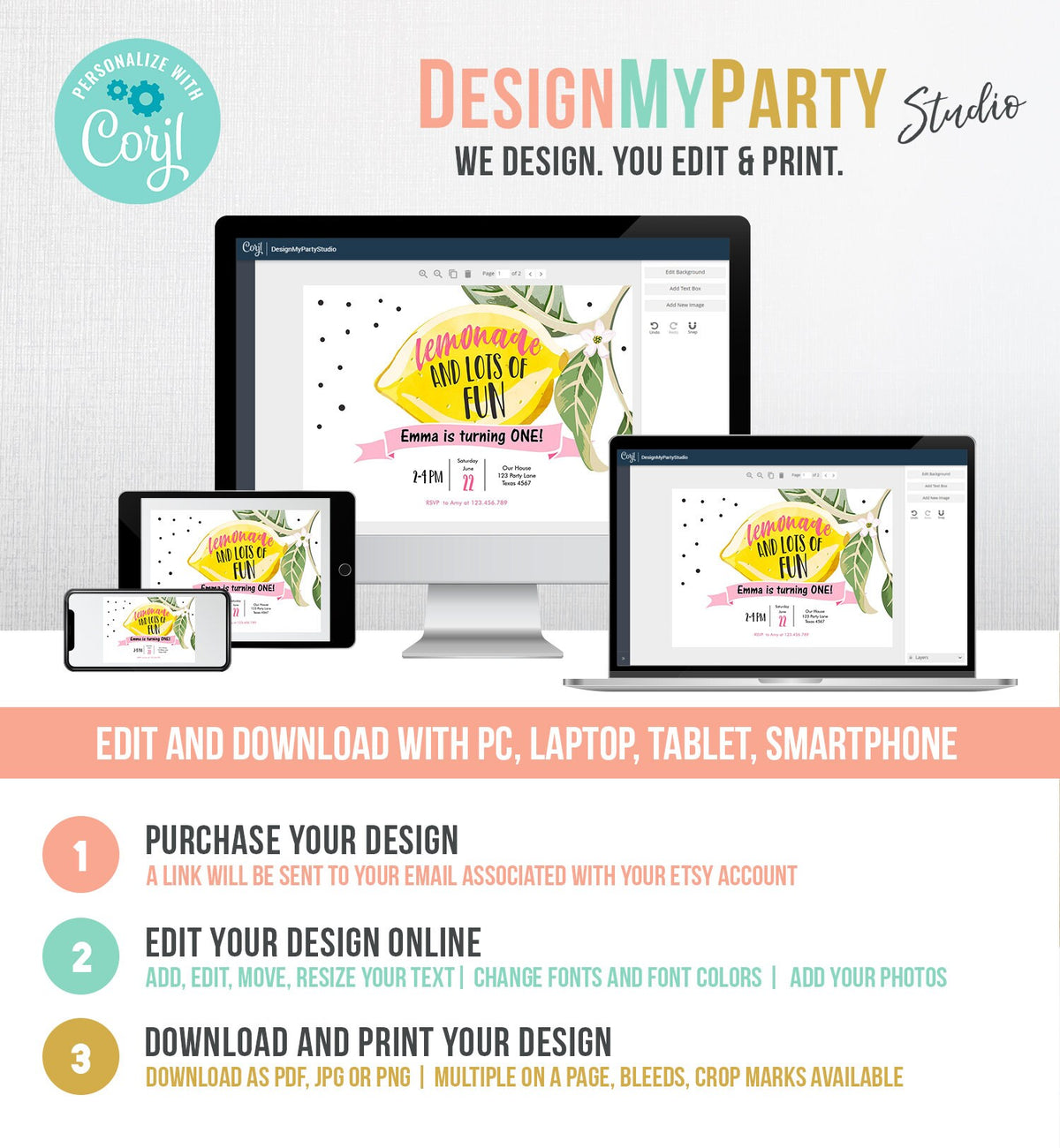 Editable Lemon Birthday Invitation Sunshine Lemonade and Fun Girl First Birthday Party Pink Sweet 1st Citrus Corjl Template Printable 0307