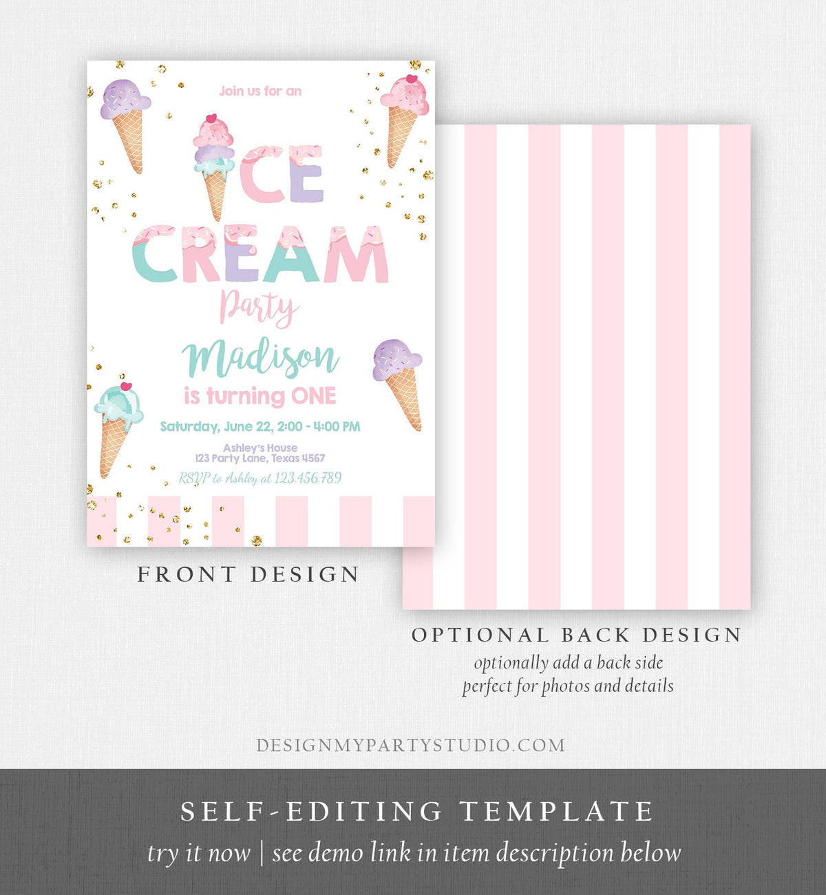 Editable Ice Cream Birthday Invitation First Birthday Party Here's the Scoop Cone Ice Cream Social Download Corjl Template Printable 0243