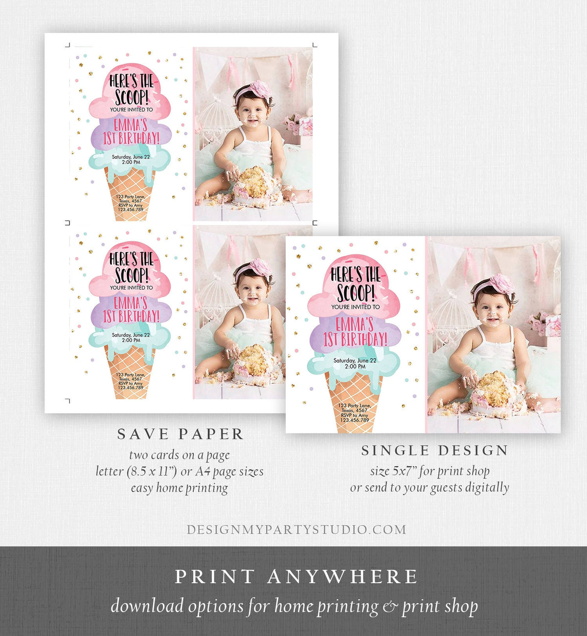 Editable Ice Cream Birthday Invitation First Birthday Party Here&#39;s the Scoop Cone Pink Mint Gold Purple Digital Template Printable 0243