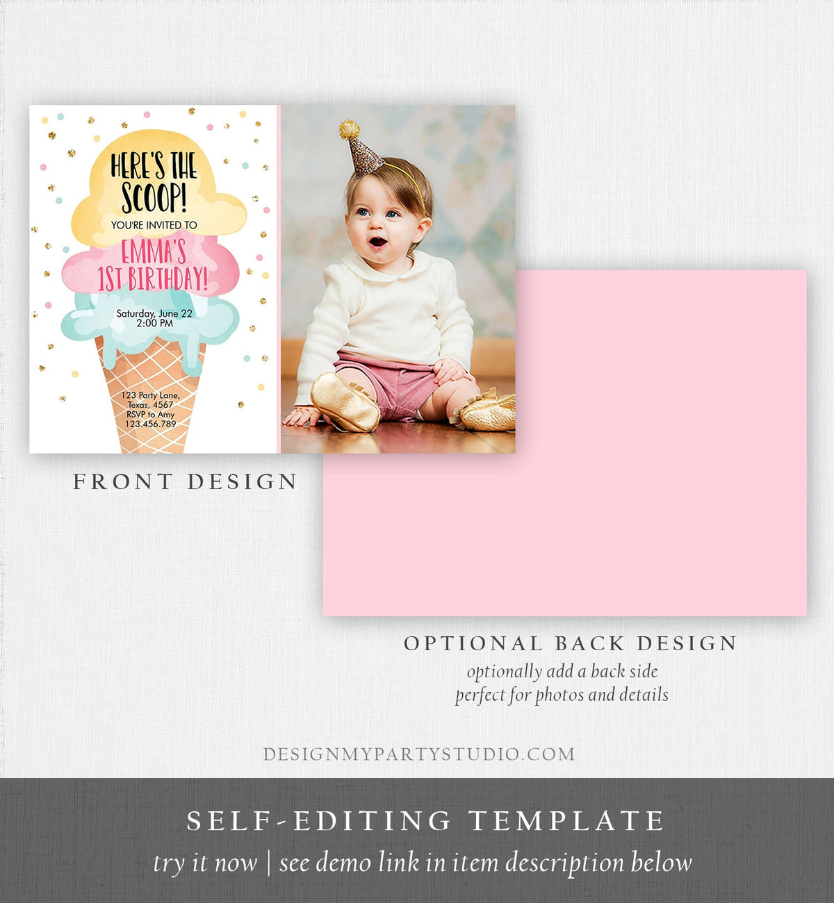 Editable Ice Cream Birthday Invitation First Birthday Party Here's the Scoop Cone Pink Mint Gold Download Printable Template Corjl 0243