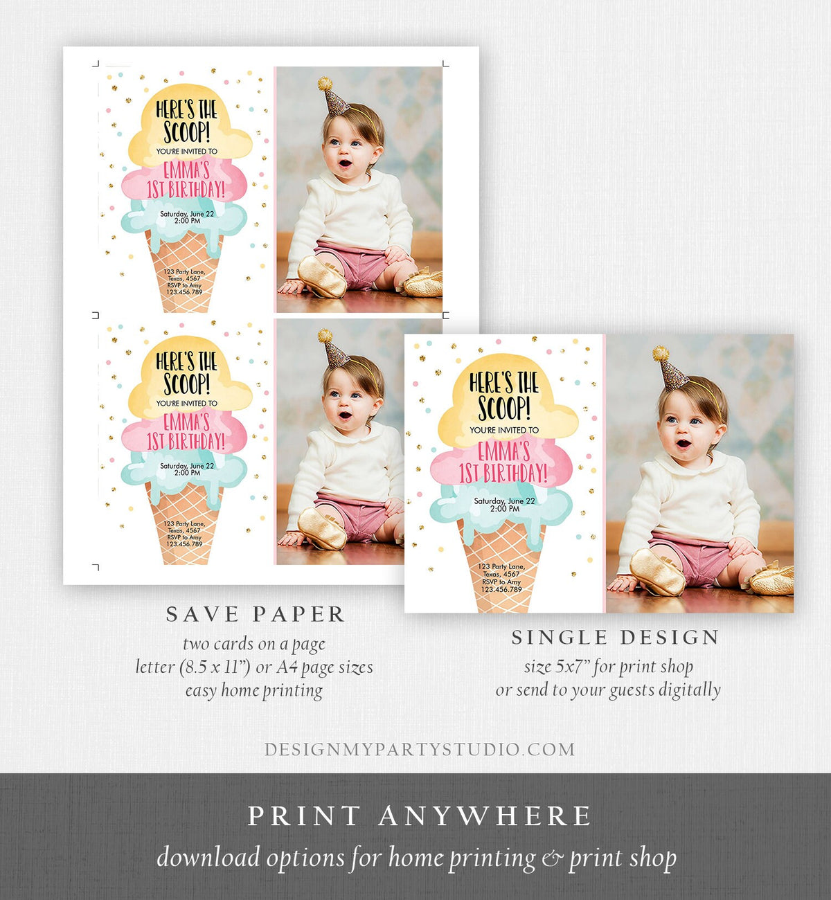 Editable Ice Cream Birthday Invitation First Birthday Party Here's the Scoop Cone Pink Mint Gold Download Printable Template Corjl 0243
