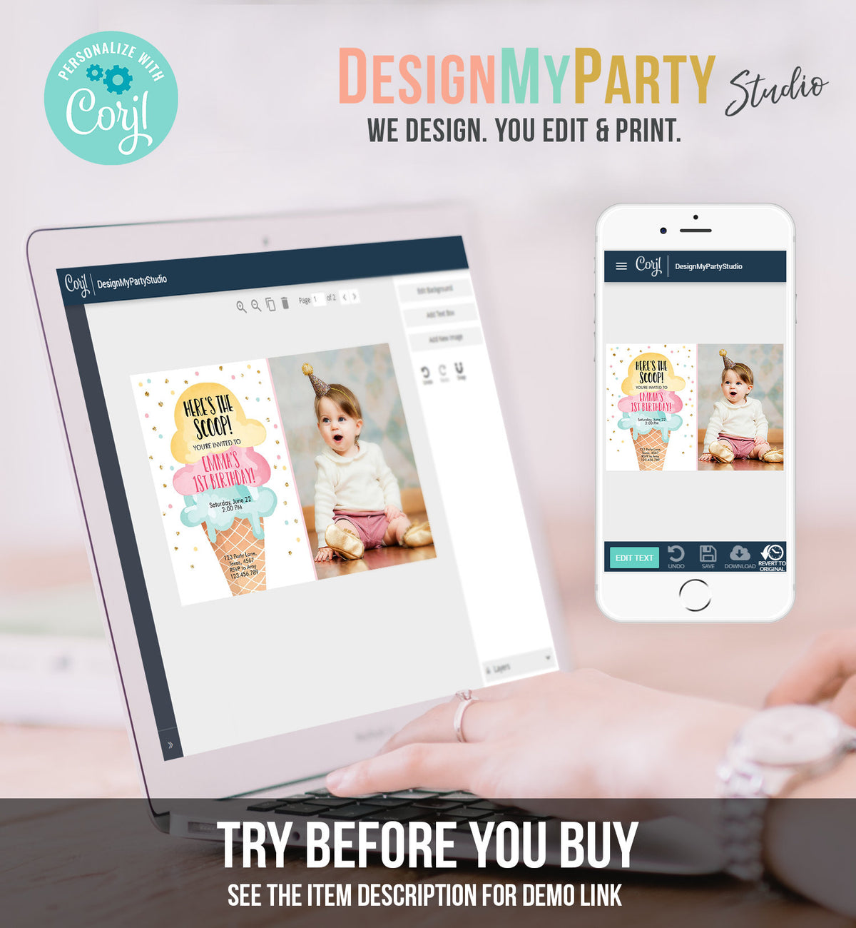 Editable Ice Cream Birthday Invitation First Birthday Party Here's the Scoop Cone Pink Mint Gold Download Printable Template Corjl 0243