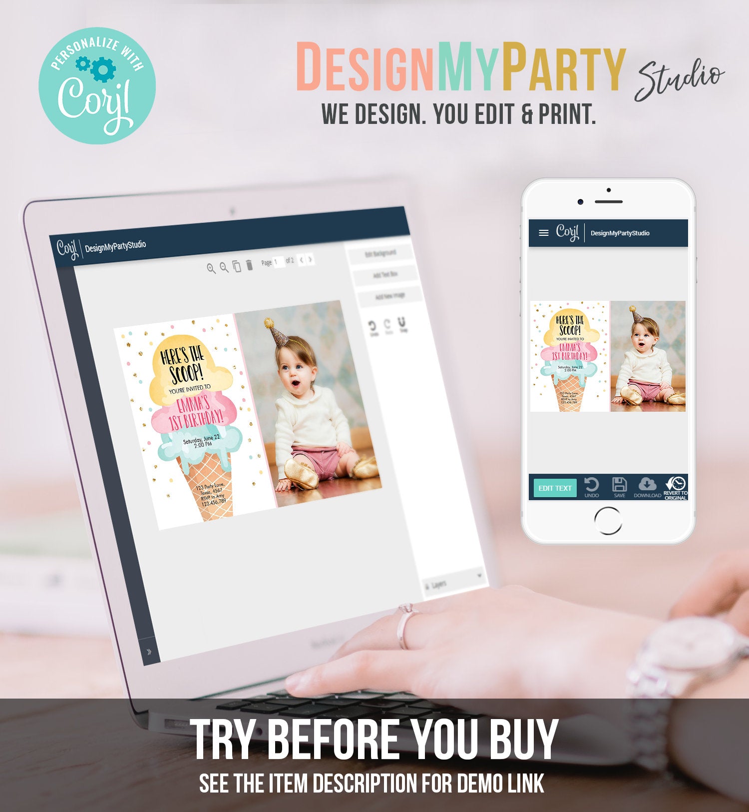 Editable Ice Cream Birthday Invitation First Birthday Party Here's the Scoop Cone Pink Mint Gold Download Printable Template Corjl 0243