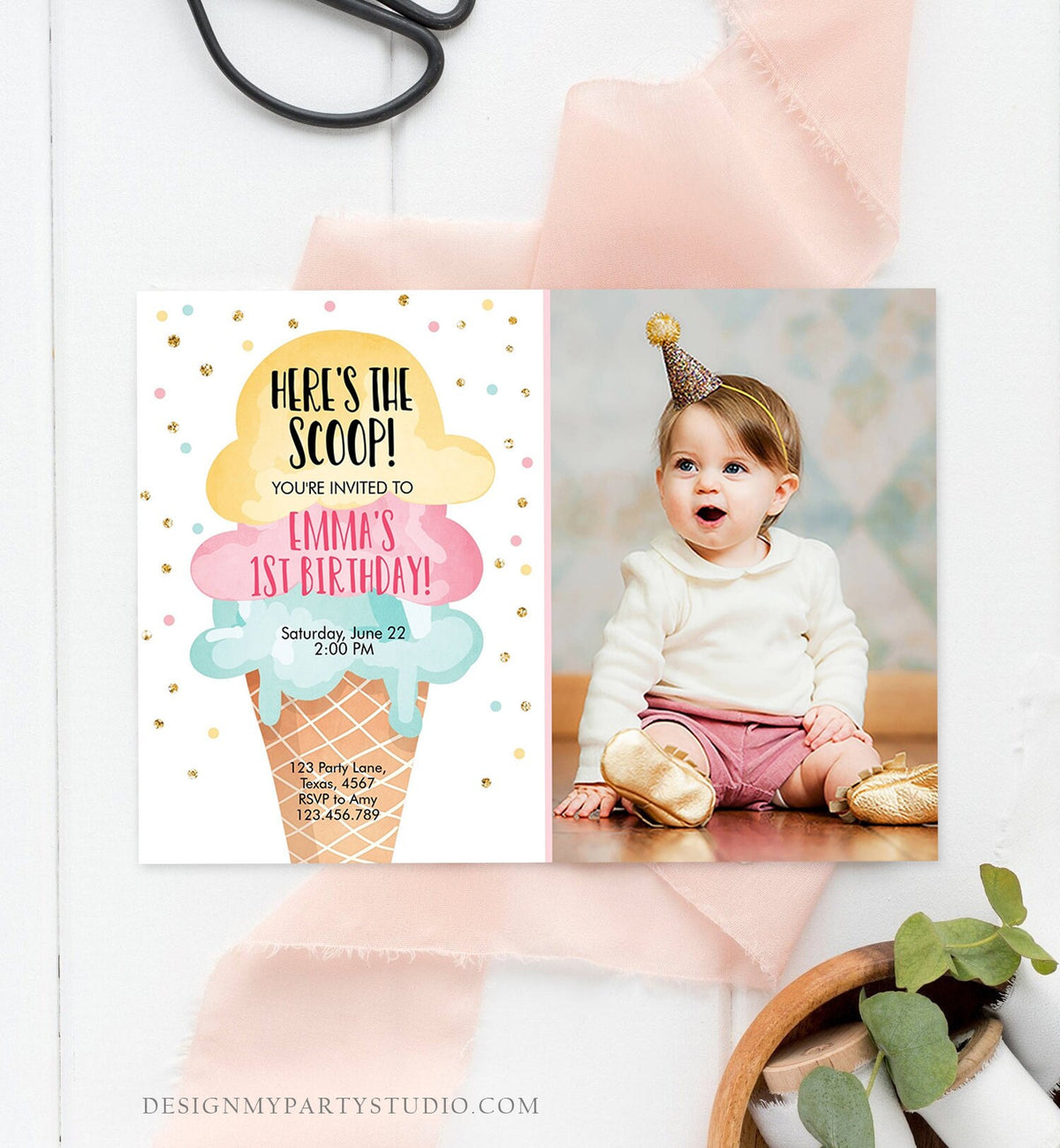 Editable Ice Cream Birthday Invitation First Birthday Party Here's the Scoop Cone Pink Mint Gold Download Printable Template Corjl 0243