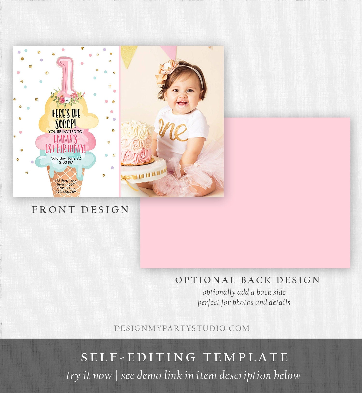 Editable Ice Cream Birthday Invitation First Birthday Party Here's the Scoop Cone Pink Mint Gold Download Printable Template Corjl 0243