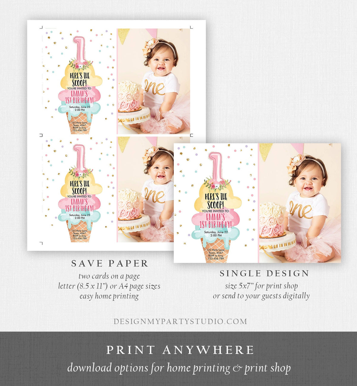 Editable Ice Cream Birthday Invitation First Birthday Party Here's the Scoop Cone Pink Mint Gold Download Printable Template Corjl 0243