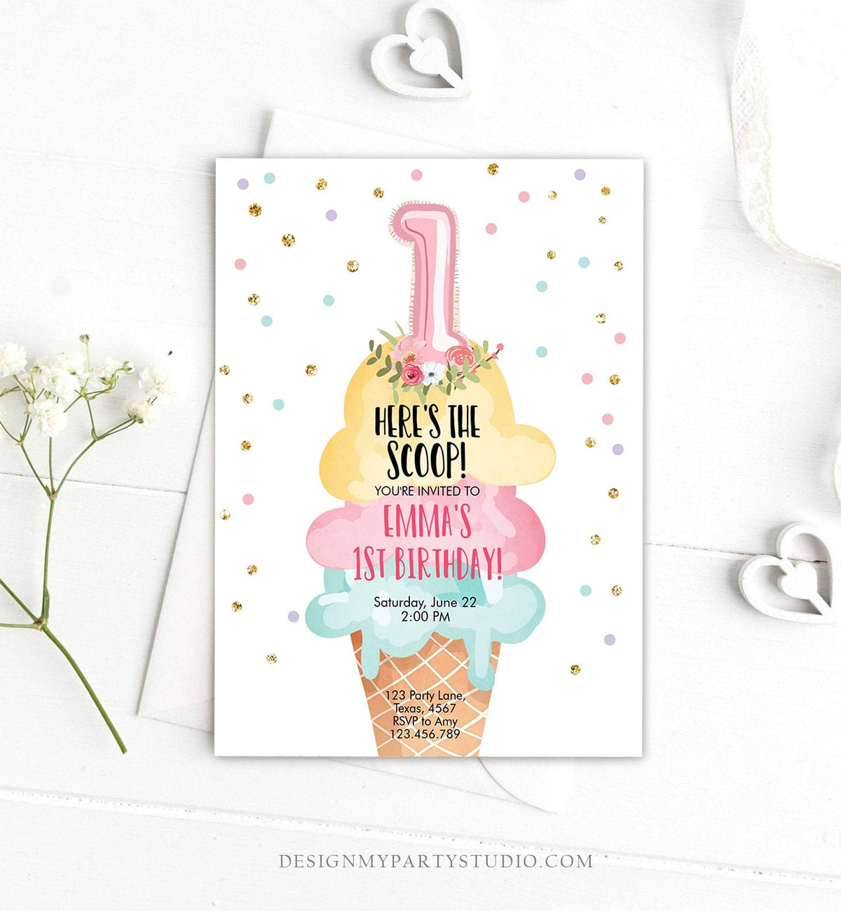 Editable Ice Cream Birthday Invitation First Birthday Party Here's the Scoop Cone Pink Mint Gold Download Printable Template Corjl 0243