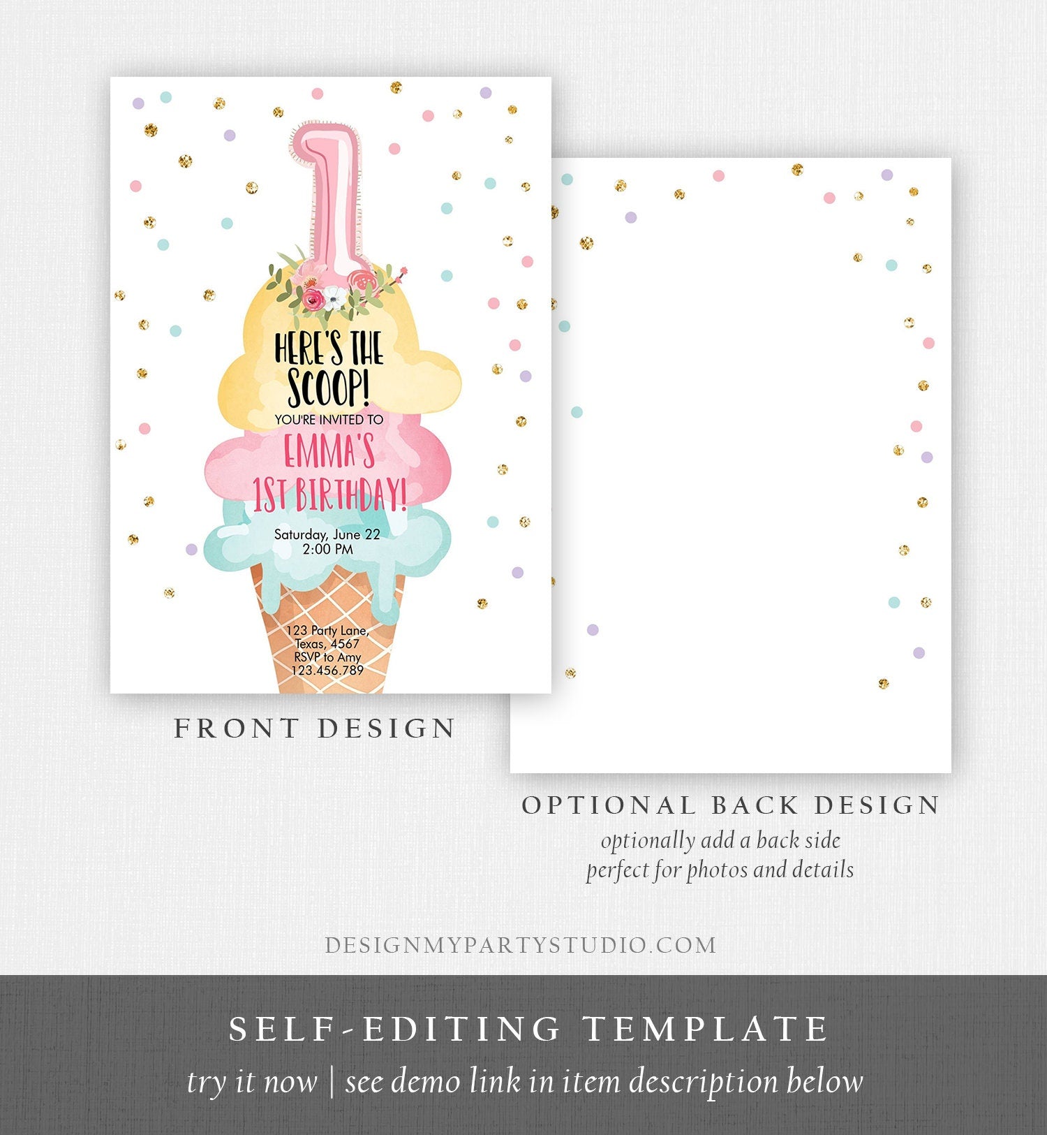 Editable Ice Cream Birthday Invitation First Birthday Party Here's the Scoop Cone Pink Mint Gold Download Printable Template Corjl 0243