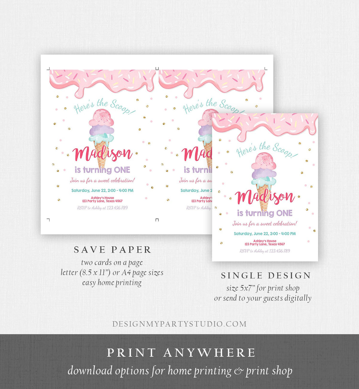 Editable Ice Cream Invitation Ice Cream Cone Birthday Invite Ice Cream Social Girl Birthday Pink Digital Download Template Printable 0243