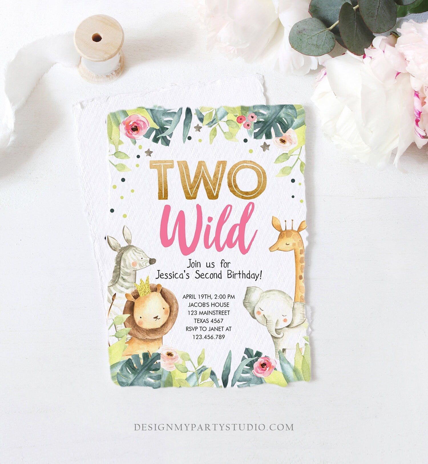 Editable Two Wild Birthday Invitation Girl Animals Invite Party Jungle Safari Pink Gold Zoo Digital Download Evite Template Printable 0163