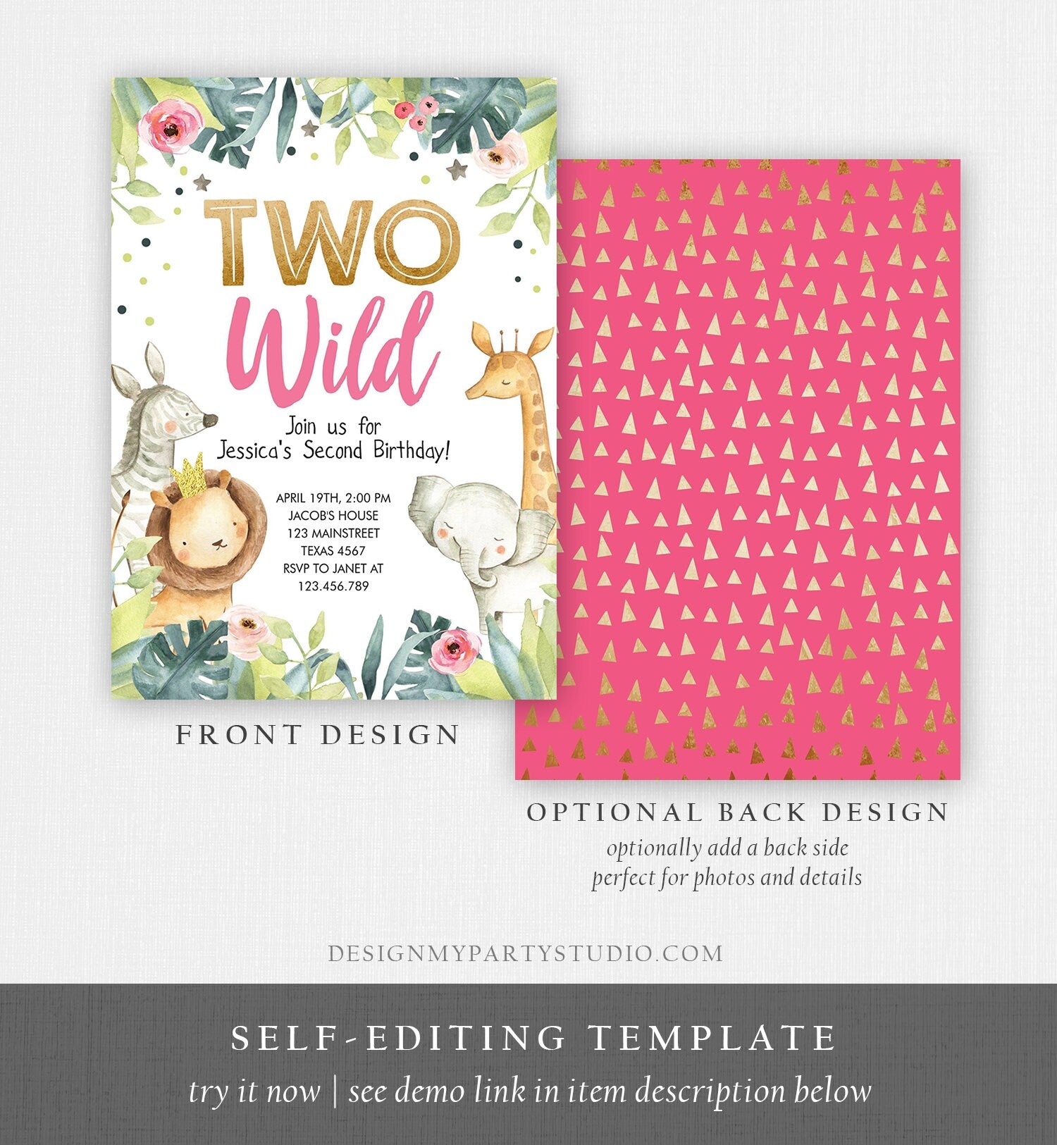 Editable Two Wild Birthday Invitation Girl Animals Invite Party Jungle Safari Pink Gold Zoo Digital Download Evite Template Printable 0163