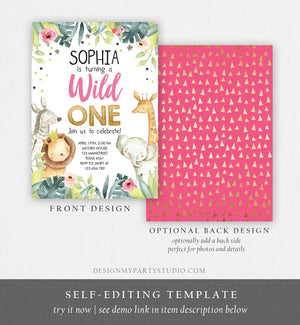 Editable Birthday Invitation Wild One Girl Invite Party Jungle Safari Animals Pink Gold Download Printable Template Editable Corjl 0163