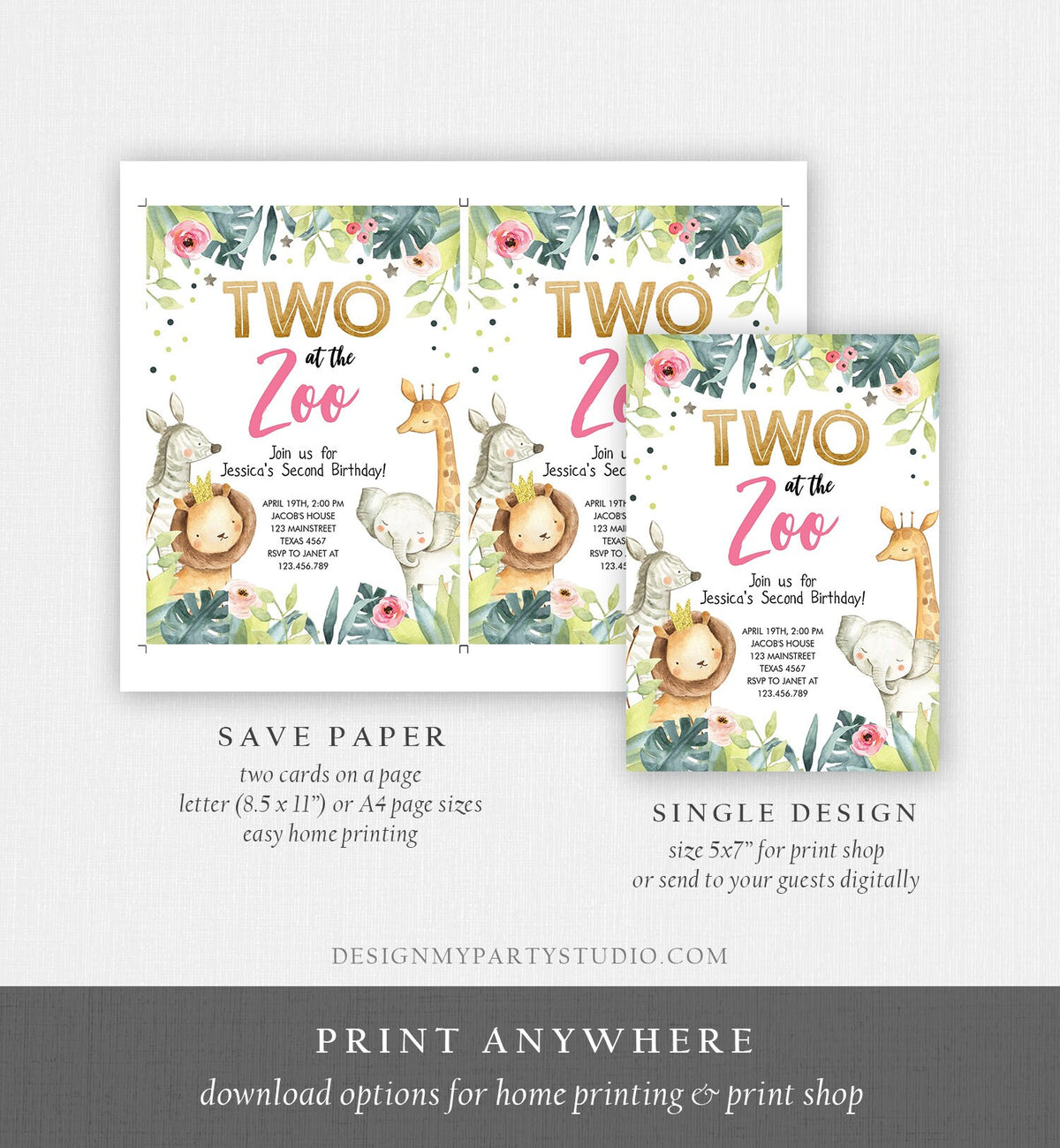 Editable Two in the Zoo Birthday Invitation Girl Animals Party Jungle Safari Pink Gold Two Wild Digital Download Template Printable 0163