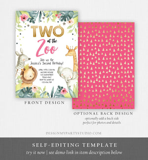 Editable Two in the Zoo Birthday Invitation Girl Animals Party Jungle Safari Pink Gold Two Wild Download Printable Template Corjl 0163