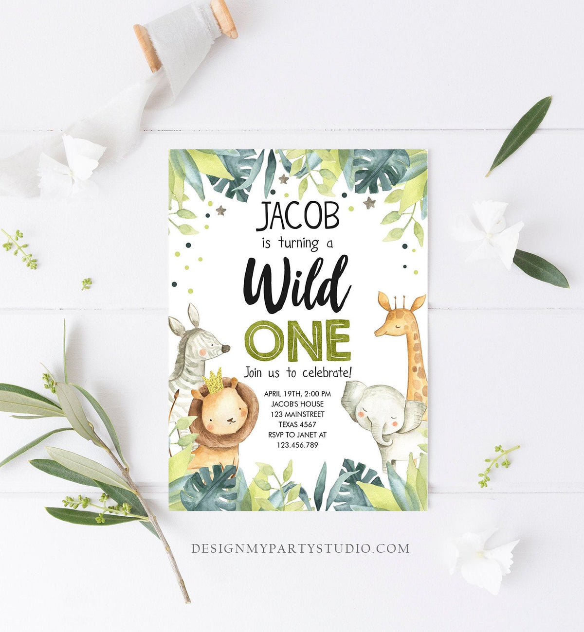 Editable Wild One Birthday Invitation Safari Animals Jungle Safari Birthday Black Gold Download Printable Invitation Template Corjl 0163