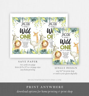 Editable Wild One Birthday Invitation Safari Animals Jungle Safari Birthday Black Gold Download Printable Invitation Template Corjl 0163