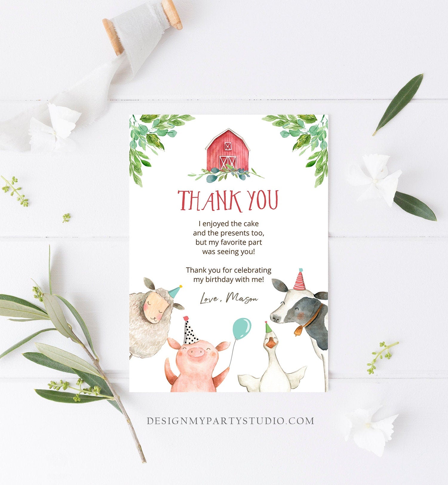 Editable Farm Animals Thank You Card Boy Birthday Red Gingham Party Animals Barnyard Thank You Note Digital Download Template Printable 0155