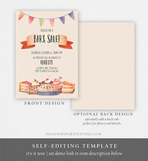 Editable Bake Sale Party Festival Invitation Fundraiser School Church Flyer Kitchen Cake Cookie Download Corjl Template Printable 0258