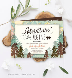 Editable Adventure Begins Baby Shower Invitation Forest Woodland Vintage Globe Travel Around the World Awaits Corjl Template Printable 0044