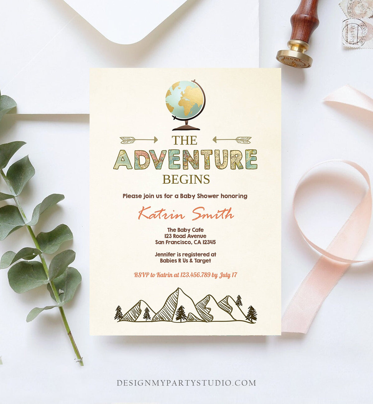Editable Adventure Begins Baby Shower Invitation Forest Mountains Vintage Globe Travel Around World Digital Corjl Template Printable 0044