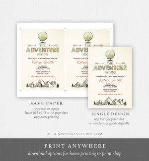 Editable Adventure Begins Baby Shower Invitation Forest Mountains Vintage Globe Travel Around World Digital Corjl Template Printable 0044