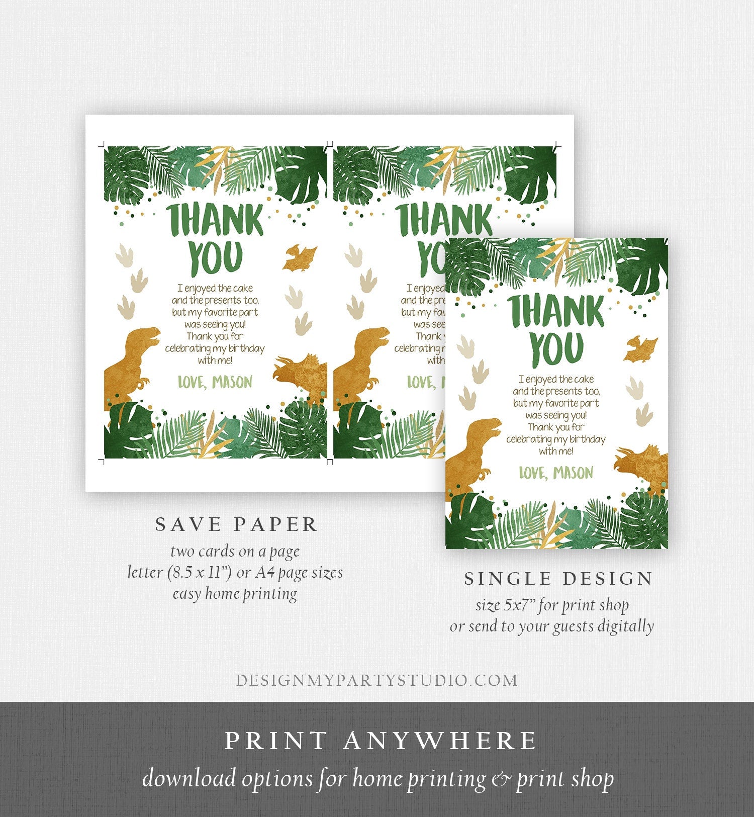 Editable Dinosaur Thank You Card Birthday Boy Black Green Gold Dino Party T-Rex Photo Digital Download Template Printable 0146