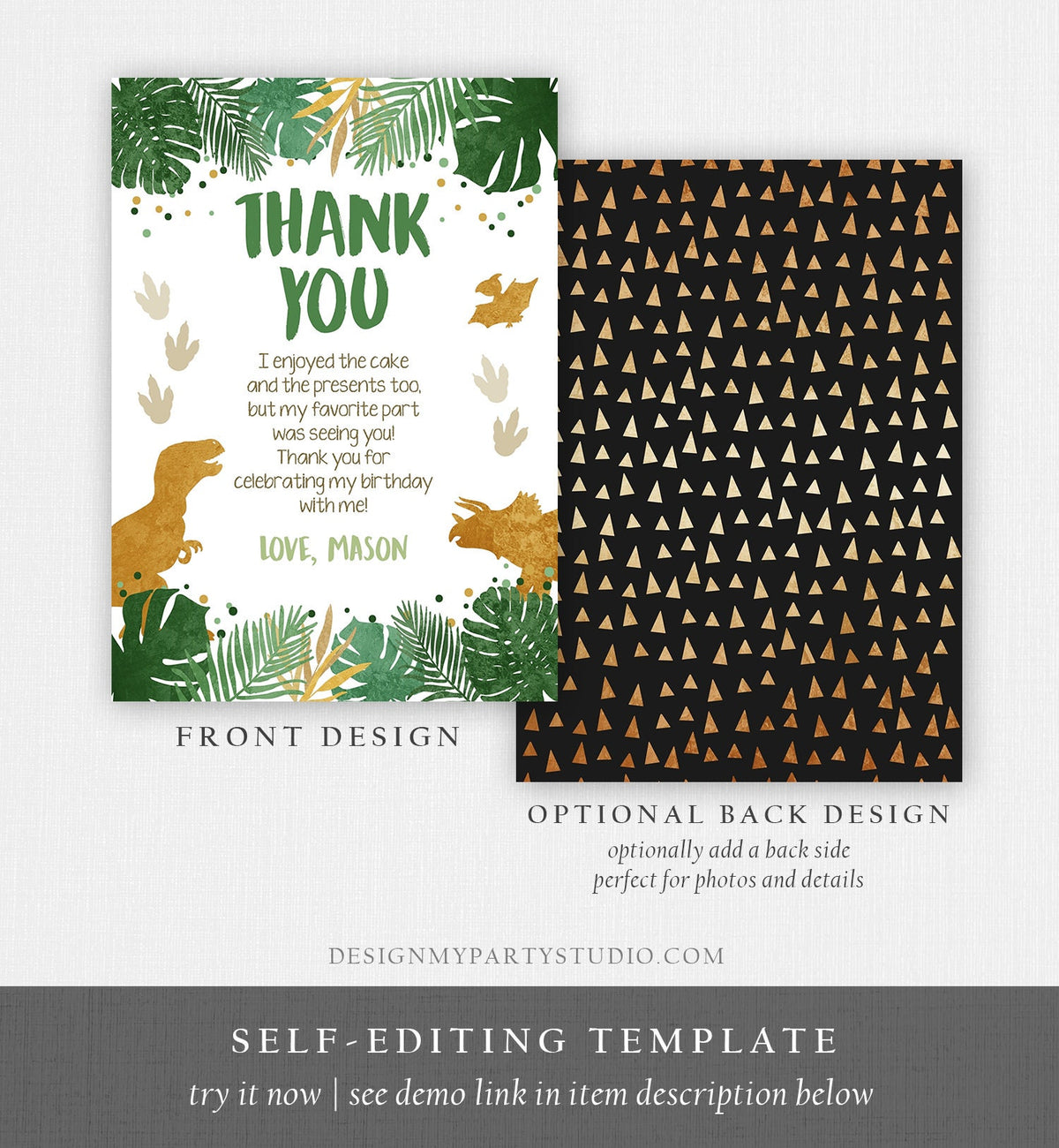 Editable Dinosaur Thank You Card Birthday Boy Black Green Gold Dino Party T-Rex Photo Digital Download Template Printable 0146