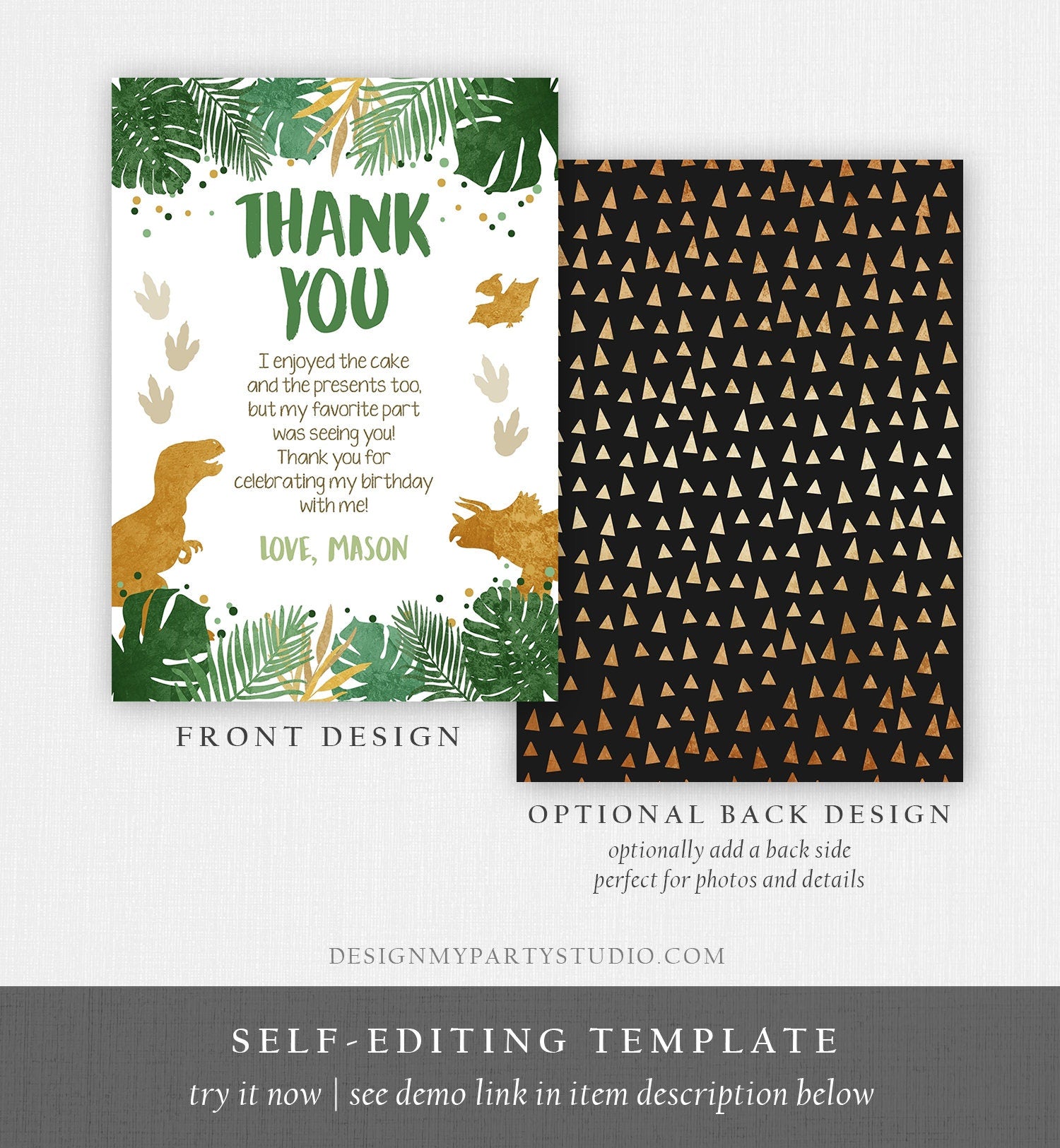 Editable Dinosaur Thank You Card Birthday Boy Black Green Gold Dino Party T-Rex Photo Digital Download Template Printable 0146