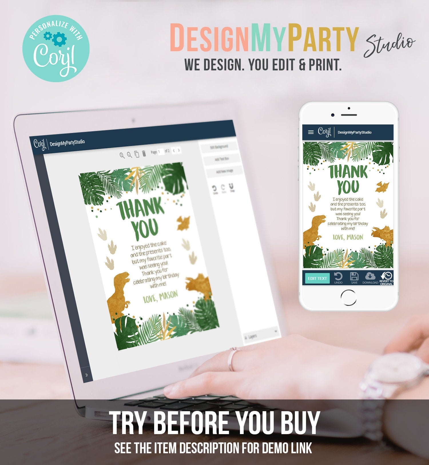 Editable Dinosaur Thank You Card Birthday Boy Black Green Gold Dino Party T-Rex Photo Digital Download Template Printable 0146