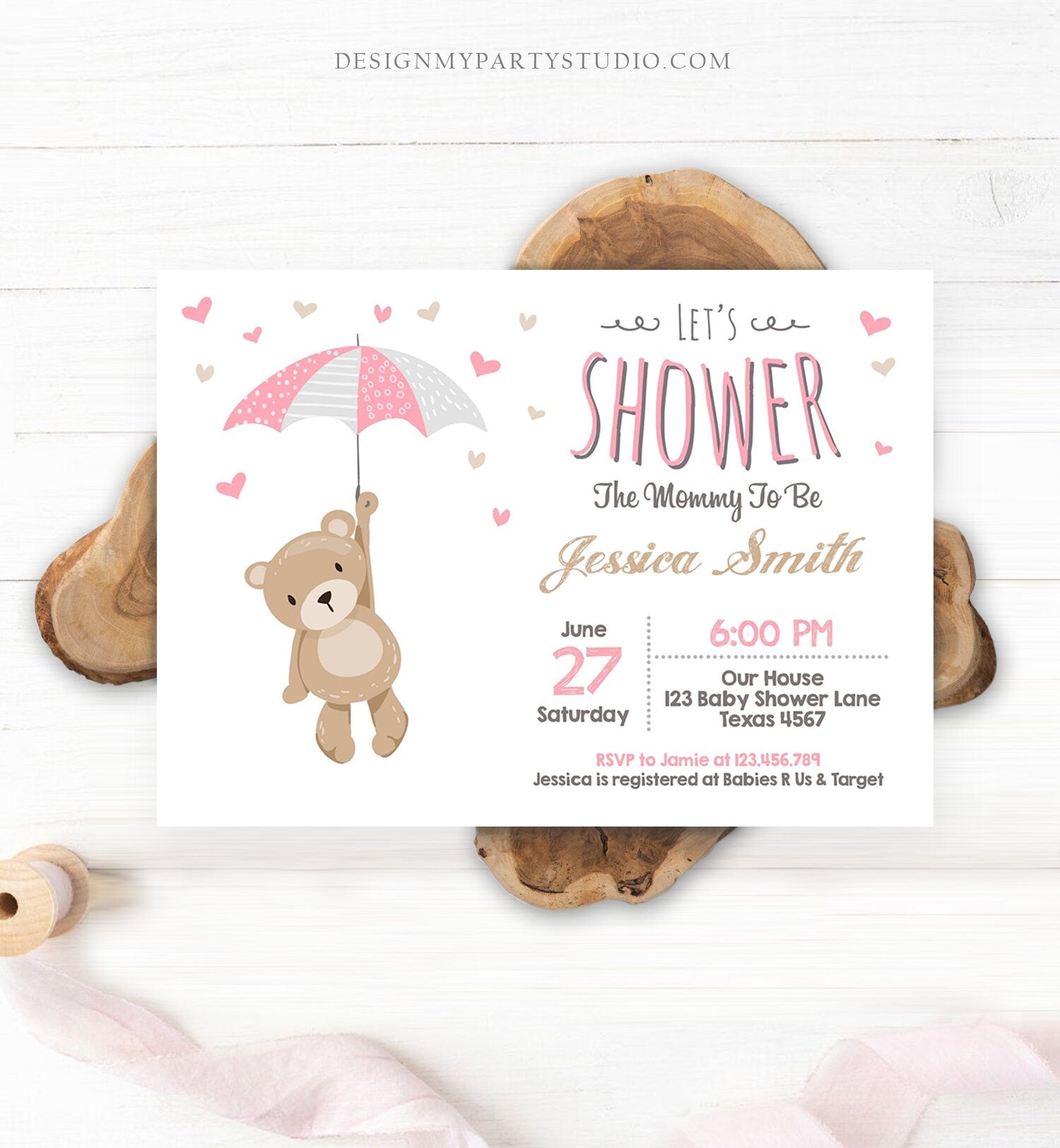 Editable Baby Shower Invitation Teddy Bear Cute Baby Girl Pink Bear Little Cub Woodland Template Instant Download Digital Corjl 0025