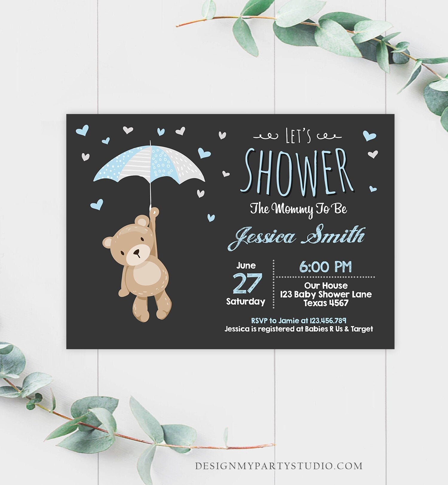 Editable Bear Baby Shower Invitation Teddy Bear Cute Baby Boy Blue Bear Little Cub Woodland Template Instant Download Digital Corjl 0025