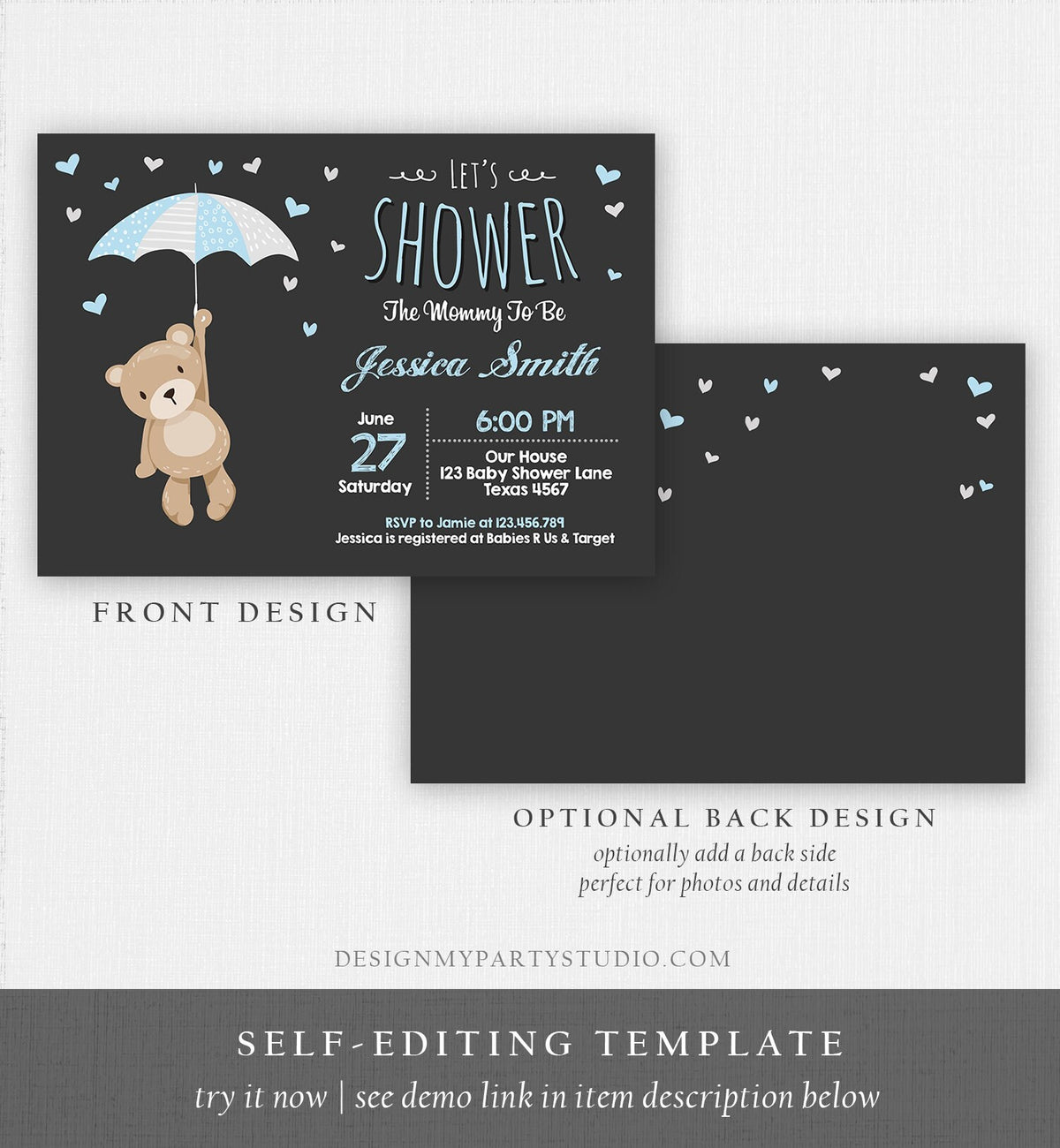 Editable Bear Baby Shower Invitation Teddy Bear Cute Baby Boy Blue Bear Little Cub Woodland Template Instant Download Digital Corjl 0025