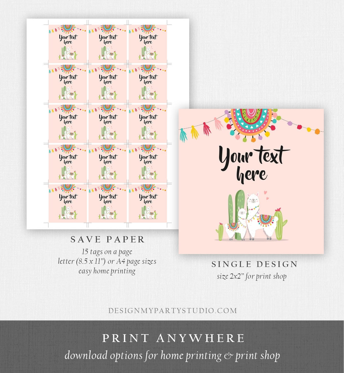 Editable Llama Thank You Favor Tags Baby Shower Stickers Fiesta Cactus Alpaca Mexican Round Square Label Pink Girl Template Printable 0079