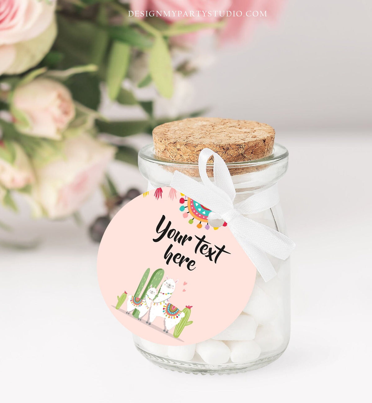Editable Llama Thank You Favor Tags Baby Shower Stickers Fiesta Cactus Alpaca Mexican Round Square Label Pink Girl Template Printable 0079