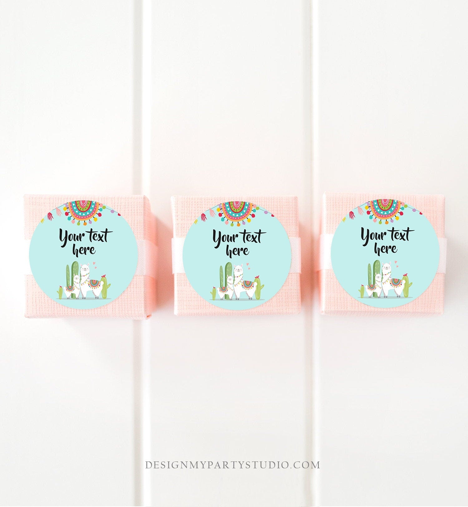 Editable Llama Thank You Favor Tag Baby Shower Stickers Fiesta Cactus Alpaca Mexican Round Square Blue Boy Corjl Template Printable 0079