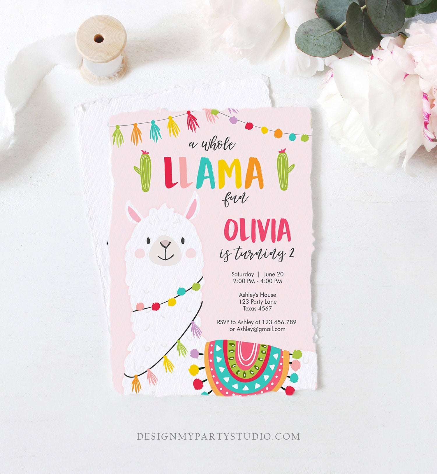 Editable Whole Llama Fun Birthday Invitation Fiesta Mexican Cactus Pink Girl Teal Alpaca Digital Download Evite Template Printable 0079