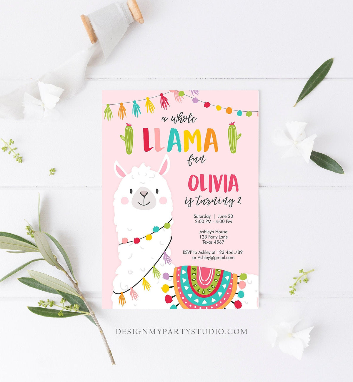 Editable Whole Llama Fun Birthday Invitation Fiesta Mexican Cactus Pink Girl Teal Alpaca Digital Download Evite Template Printable 0079