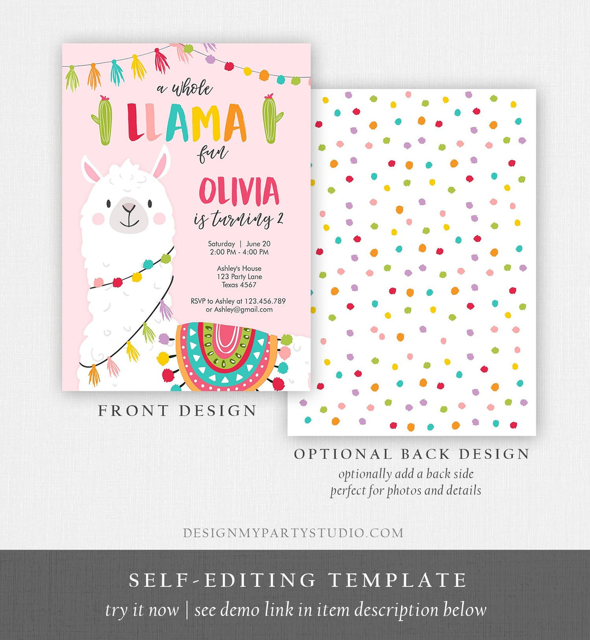 Editable Whole Llama Fun Birthday Invitation Fiesta Mexican Cactus Pink Girl Teal Alpaca Digital Download Evite Template Printable 0079